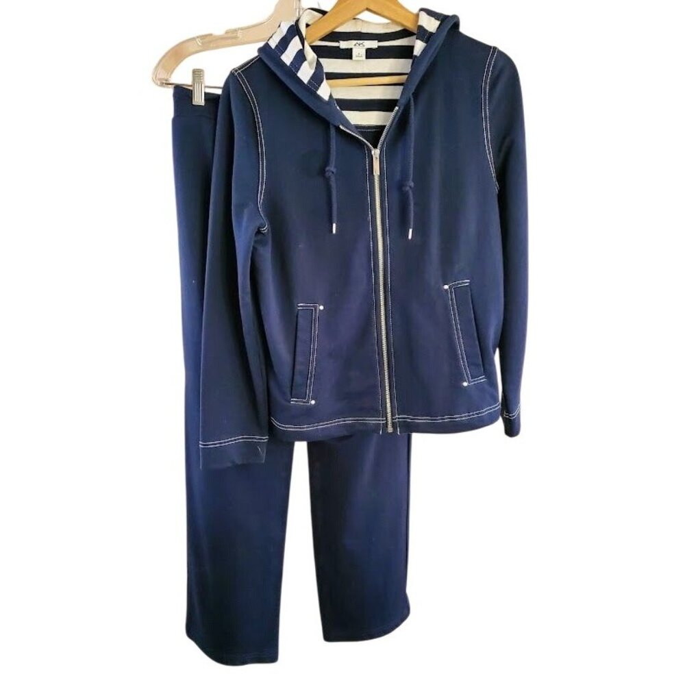 Anne Klein Sport Navy Hoodie Jogger Set Striped Lined Zip Jacket Small